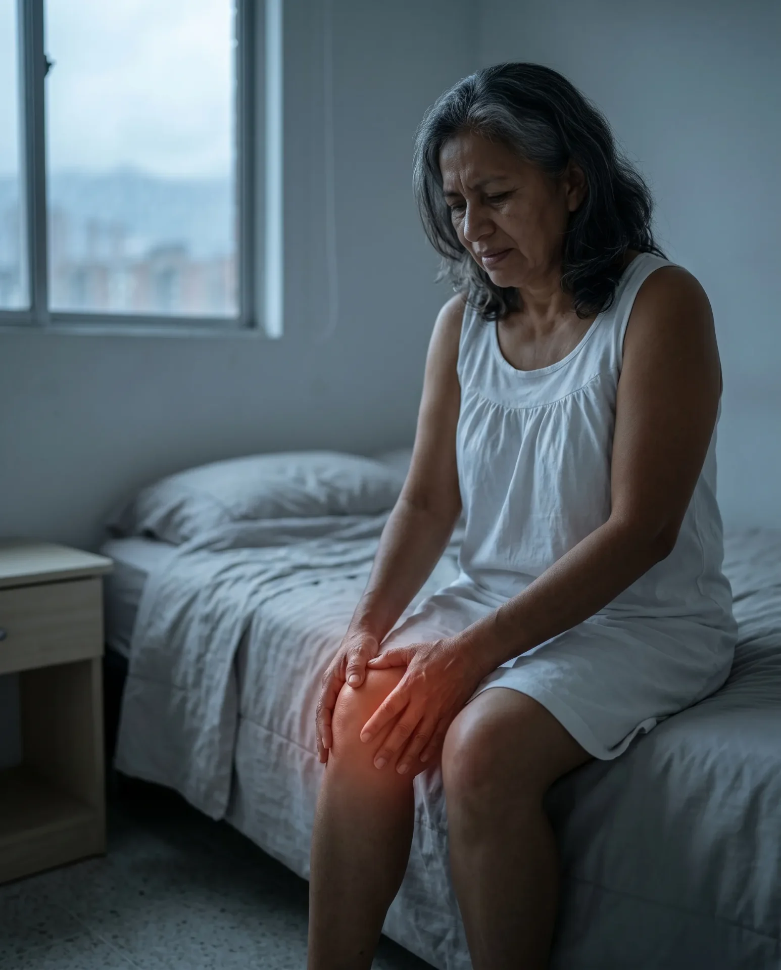 Mujer con dolor en la rodilla sentada en la cama