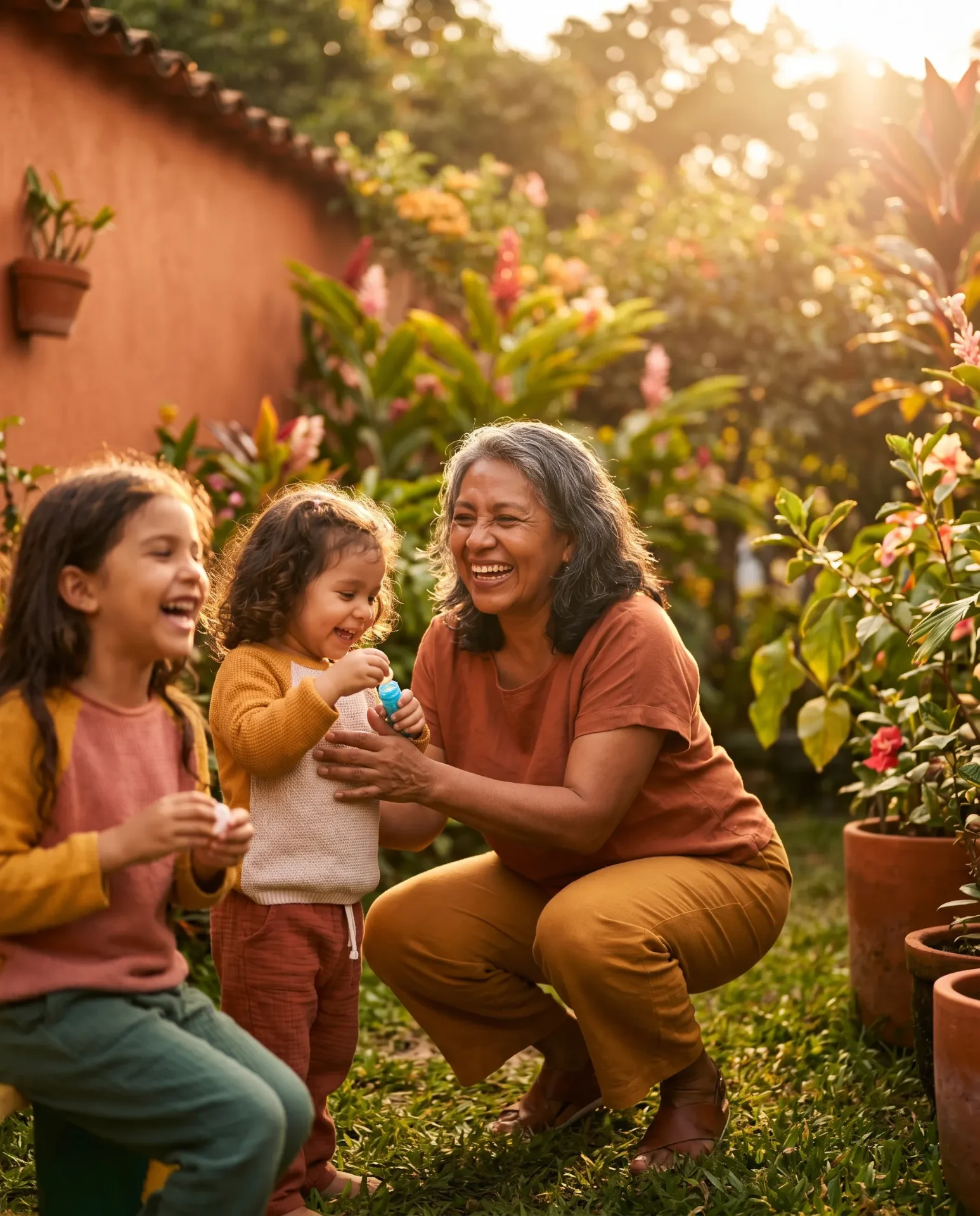 Abuela feliz jugando con sus nietos en el jardín